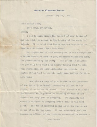Item #010156 1923 – Letter from the American Consul in Canton to an American missionary...
