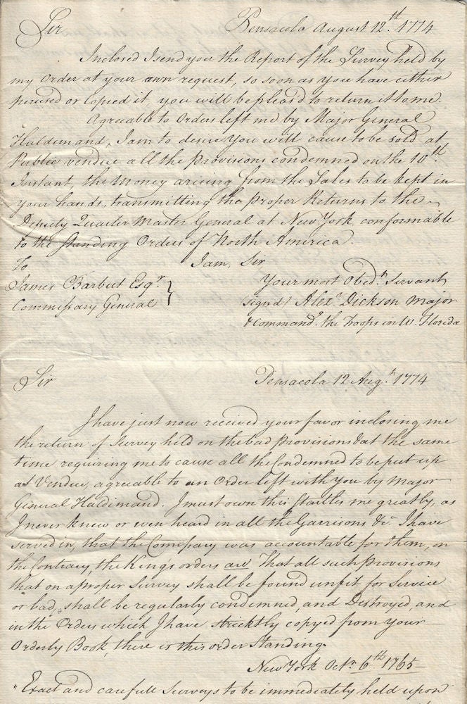 Item #010162 1774 – Extract from a letter copy book for the 16th Regiment of Foot, the British Army in West Florida, with correspondence related to the spoilage of stored food. Major Alexander Dickson, James Barbut.