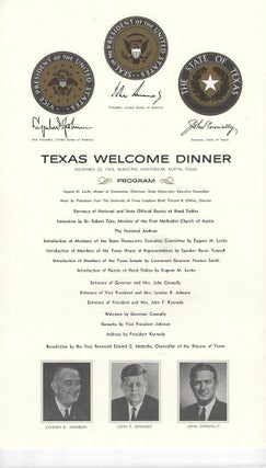 1963 – An invitation, souvenir brochure, and broadside program for President Kenndy’s “Texas Welcome Dinner” in Austin on 22 November 1963 that never occurred as he had been assassinated earlier in the day