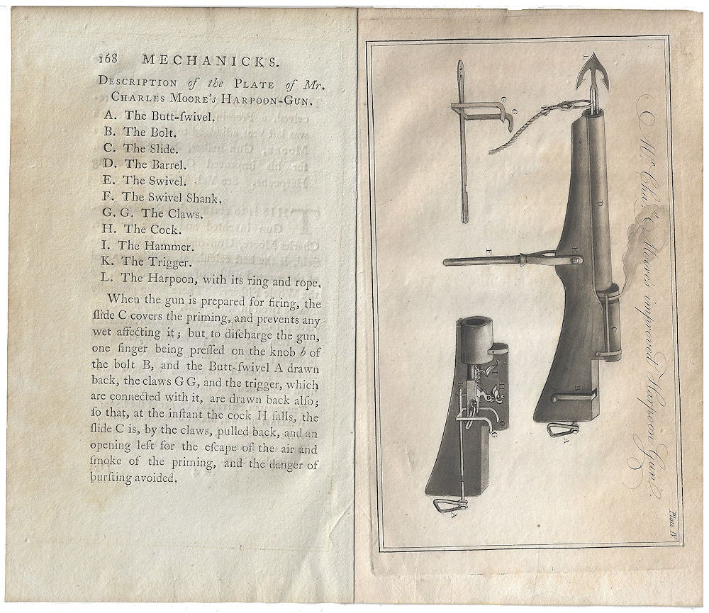 1791 – An article regarding harpoon whale guns from “Papers in Mechanicks”  describing a list of rewards proffered to expert harpoon-gunners for their