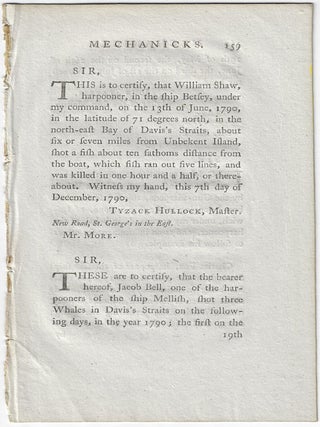 1791 – An article regarding harpoon whale guns from “Papers in Mechanicks” describing a list of rewards proffered to expert harpoon-gunners for their achievements in 1790 and, most importantly, to Charles Moore, the inventor of an improved harpoon-gun that made those achievements possible