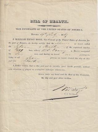 Item #010202 1849 – “Bill of Health” certificate for a California schooner built to...