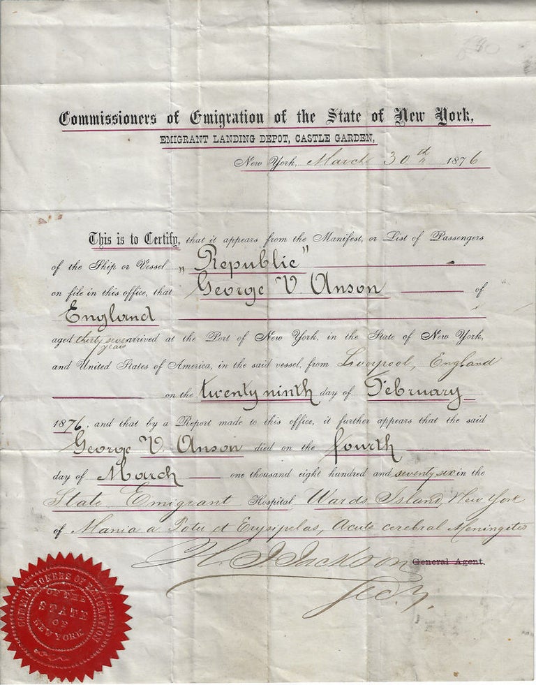 Item #010205 1876 – A Death Certificate for an immigrant who died at New York’s Ward Island Quarantine Hospital from Mania a Potu, Erysipulas, and Acute Cerebral Meningitis