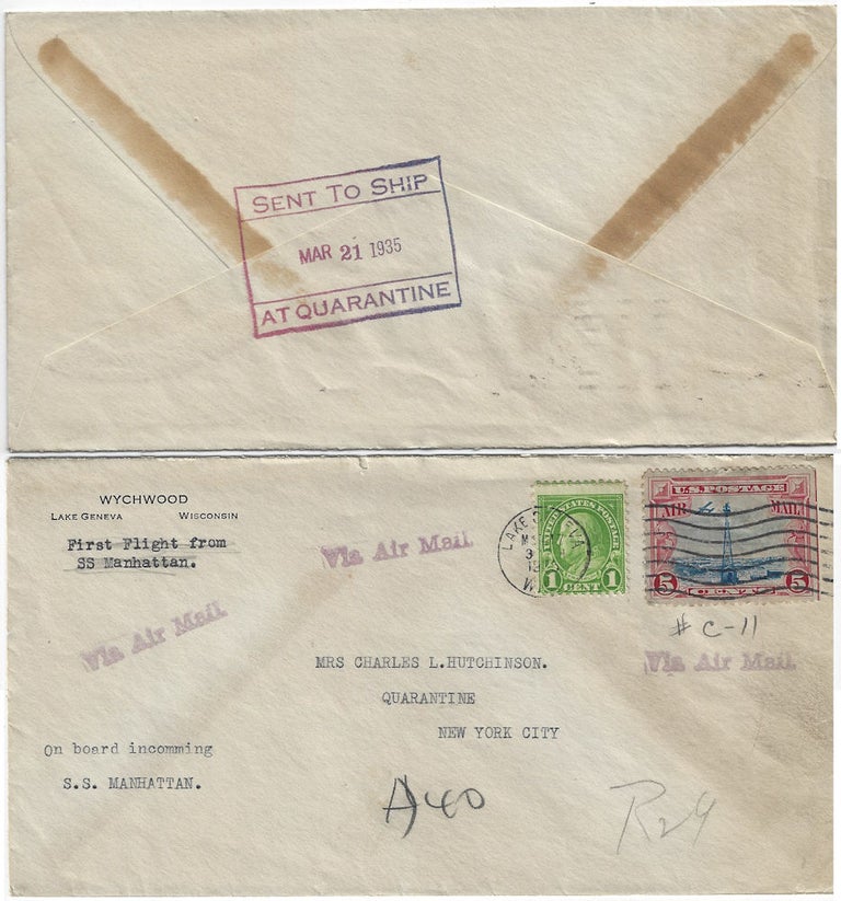 Item #010215 1935 – An airmail envelope sent to Francis Kinsley Hutchinson, who was in quarantine aboard the ship, S.S. Manhattan at Staten Island, from her famous woodland estate, Wychwood