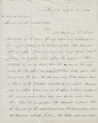 Item #010224 1834 – A man in Lowell, Massachusetts, pleads directly to President Andrew Jackon...