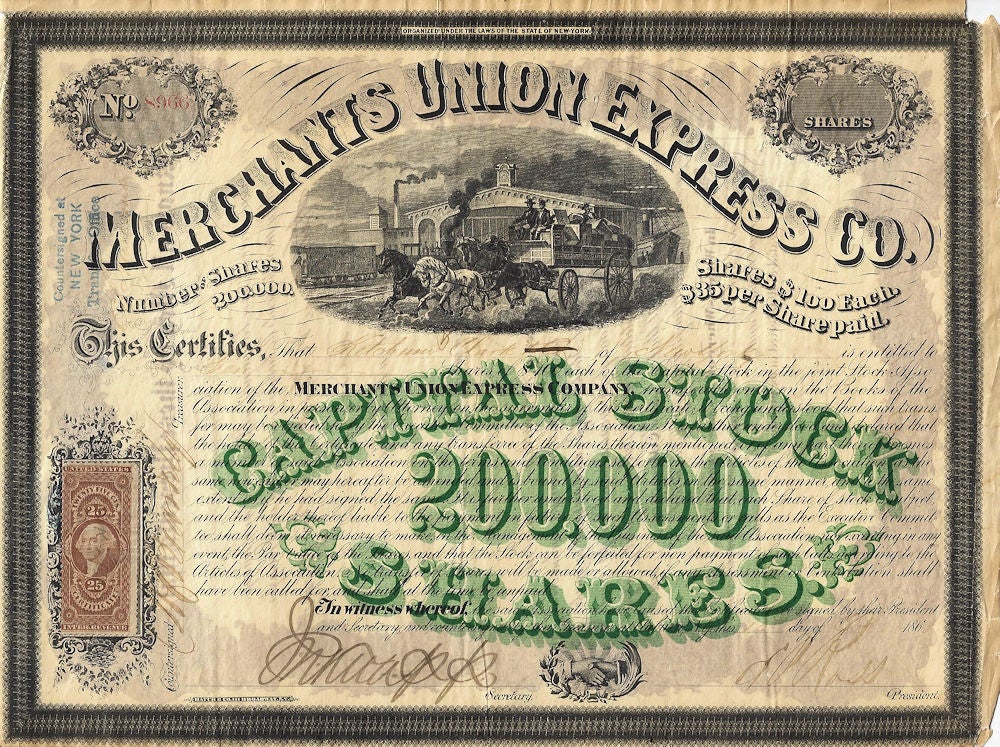ビジネス・経済 How Many Strads? Our Heritage 1868 – Stock Certificate issued by the Merchants Union Express