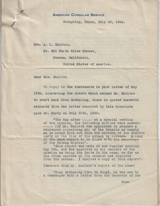1922 – The report of a Consular Investigation into the murder of an American missionary in Tibet, Dr. Albert L. Shelton, along with his photographs of Tibetan leaders, monuments, and soldiers, as well as his border mission at Bathang (Batang) and his and family