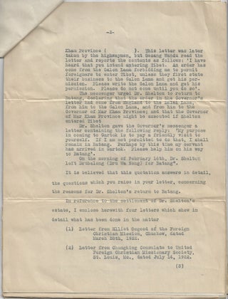 1922 – The report of a Consular Investigation into the murder of an American missionary in Tibet, Dr. Albert L. Shelton, along with his photographs of Tibetan leaders, monuments, and soldiers, as well as his border mission at Bathang (Batang) and his and family