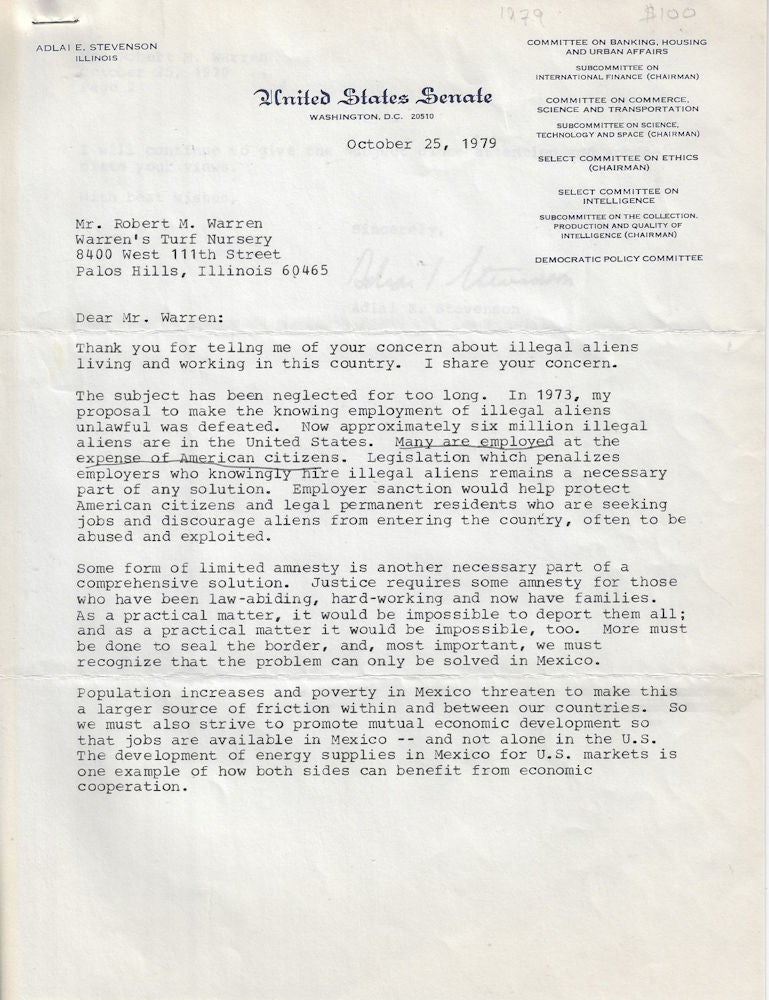 Senator Ritchie Letter 1979 – Letter from Senator Adlai E. Stevenson, III to a constituent ...