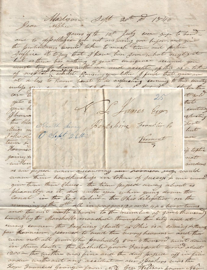 Item #010466 1840 &ndash; An exceptional political letter describing America&rsquo;s first major nation-wide campaign rally, which was held in Erie, Pennsylvania for William Henry Harrison, the Whig candidate for president in the 1840 election. B. F. Fuller.