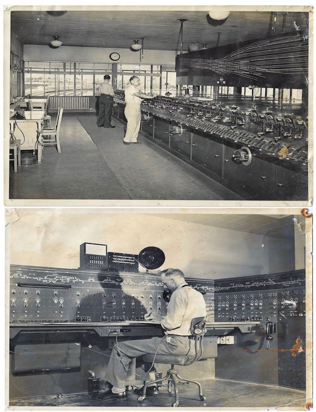 Item #010637 1940s &ndash; Two photographs showing a dispatcher and lettermen at work from inside a railroad tower and central traffic control office