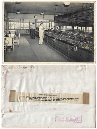 1940s &ndash; Two photographs showing a dispatcher and lettermen at work from inside a railroad tower and central traffic control office