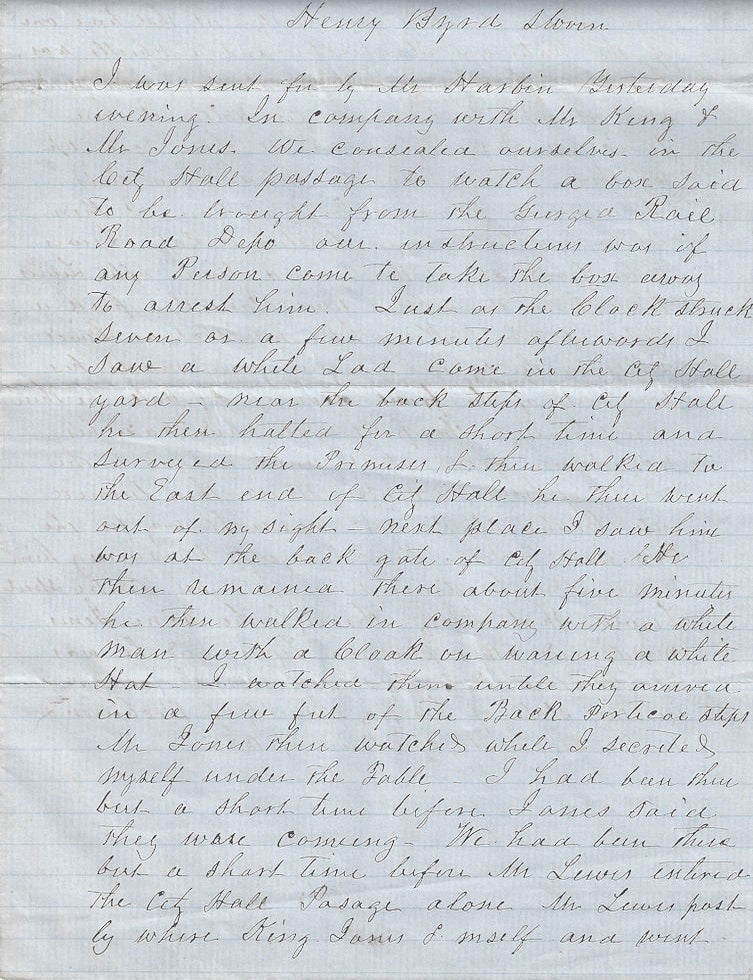 Item #010680 1855 &ndash; Sworn testimony from a county officer with regard to a burglar&rsquo;s shooting of a police officer during the course of his crime. Henry A. Byrd.