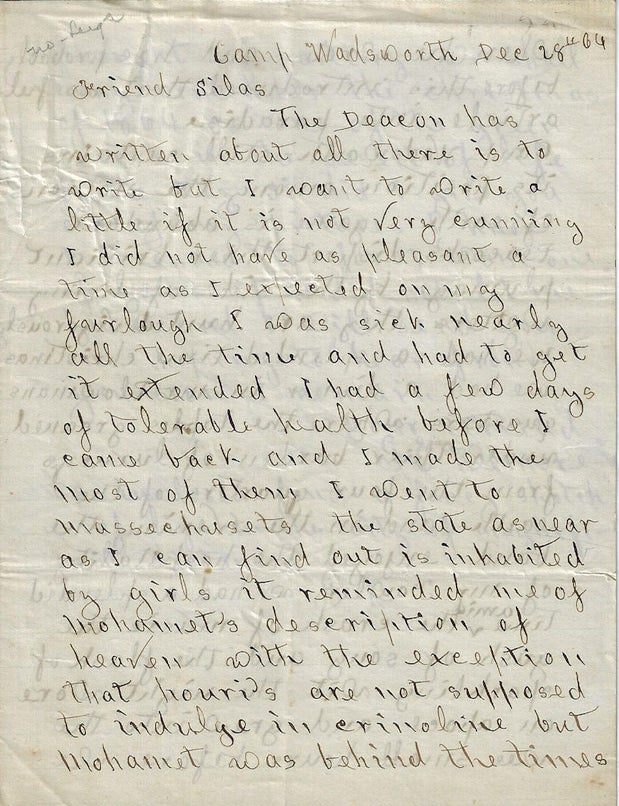 Item #010686 1864 &ndash; A New York soldier sarcastically describes life at Camp Wadsworth, which was a contraband holding encampment located in Fairfax, Virginia. Captain James W. Cooke.
