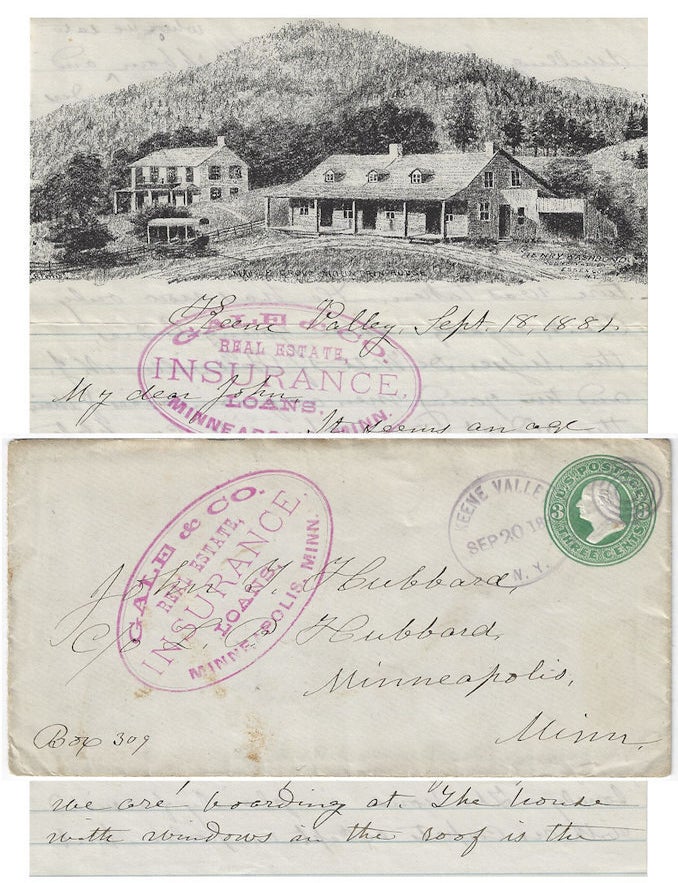 Item #010691 1881 &ndash; Letter written on a photomechanically illustrated lettersheet advertising a boarding house in the Adirondack mountains. M. C. Hubbard.