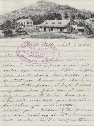 1881 &ndash; Letter written on a photomechanically illustrated lettersheet advertising a boarding house in the Adirondack mountains