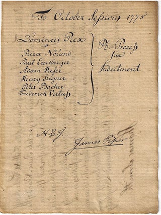 1775 &ndash; A warrant directing Pennsylvania sheriff arrest several men on the charge of &ldquo;Felonious Trespass&rdquo; signed by Justice of the Peace Thomas Smith, a member of the Bedford County Pennsylvania revolutionary Committee of Correspondence, who would become a Revolutionary War Colonel and later be arrested for opposing the state&rsquo;s first Constitution of 1776.