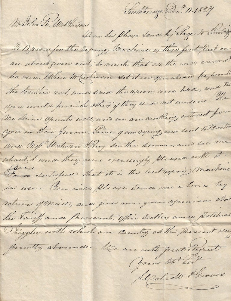 Item #010729 1827 &ndash; Letter requesting replacement parts for an early rope-making machine. Wolcott, Graves.