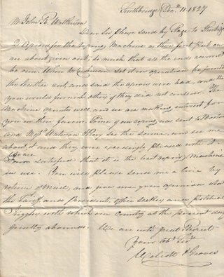 Item #010729 1827 – Letter requesting replacement parts for an early rope-making machine....