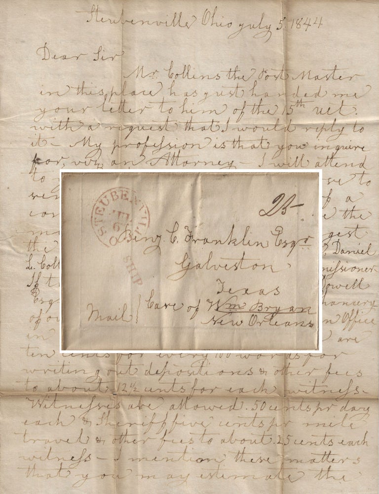 Item #010735 1844 &ndash; Reply by a prominent Ohio attorney to a request from an even more important Republic of Texas former judge-turned-lawyer recommending several local candidates to take a deposition in Steubenville. Rosswell March to Benjamin Franklin, romwell.