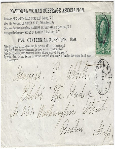 Item #010746 1876-1886 &ndash; Four postally used envelopes promoting Women&rsquo;s Suffrage including one sent by Elizabeth Cady Stanton, addressed in her hand. Suffrage Organizations.