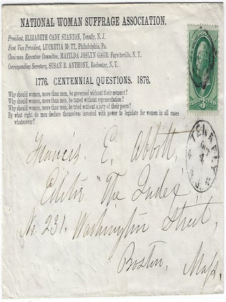 1876-1886 &ndash; Four postally used envelopes promoting Women&rsquo;s Suffrage including one sent by. Suffrage Organizations.
