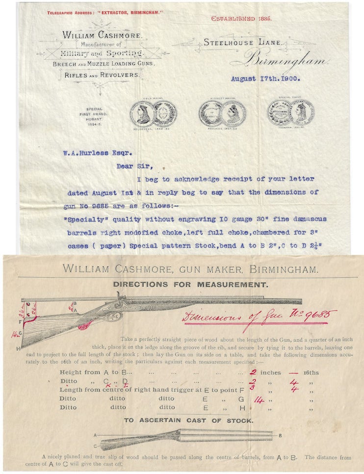 Item #010747 1900 &ndash; Correspondence related to the sale of custom-made shotgun for an American in Iowa by a prestigious British gunmaker. Wlliam Cashmore.