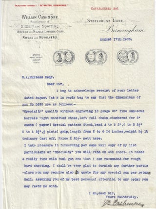 1900 &ndash; Correspondence related to the sale of custom-made shotgun for an American in Iowa by a prestigious British gunmaker
