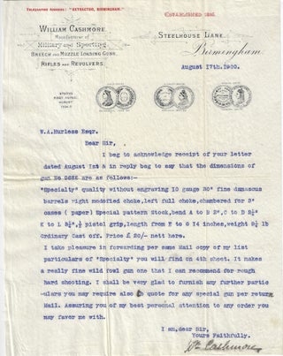 1900 – Correspondence related to the sale of custom-made shotgun for an American in Iowa by a prestigious British gunmaker