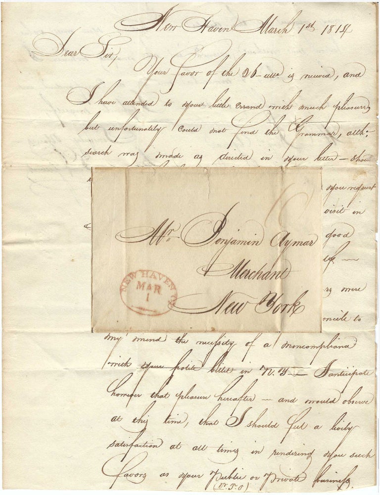 Item #010752 1814 &ndash; Letter from an eager-to-please young man, who later would be ordained as a Latter-Day Saint High Priest by Joseph Smith, expressing his regret at not being able to complete a favor from one of the most prominent businessmen in New York City. Algernon Sidney Gilbert.