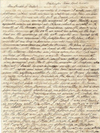 1837 &ndash; A long, three-page letter describing a businessman&rsquo;s journey from New Orleans to Velasco, then overland by foot to Washington, Texas, where he was murdered by &ldquo;desperados&rdquo;