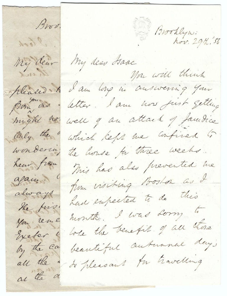 Item #010762 1856 &ndash; Two letters from Samuel Longfellow to a younger associate, one of which clearly expresses a desire for romantic attachment. Samuel Longfellow.
