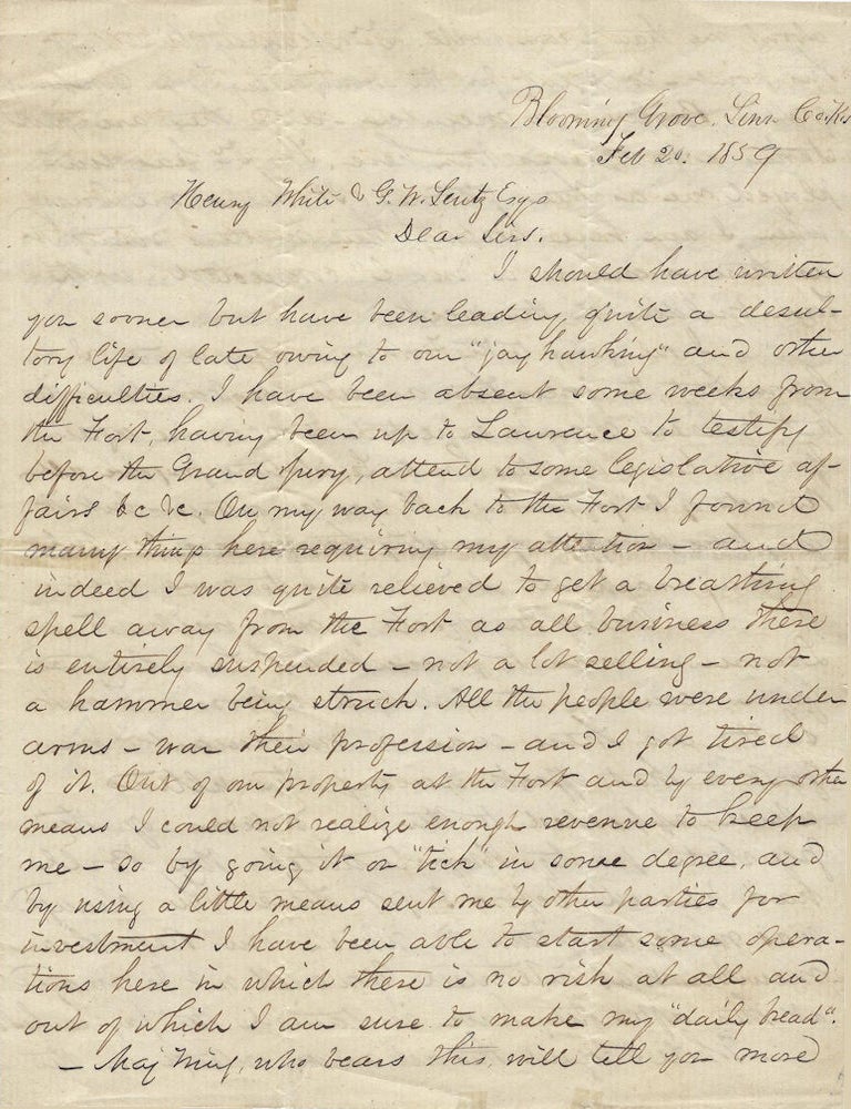 Item #010763 1859 &ndash; Letter from the founder of Fort Scott, Kansas, and a leader of the territory&rsquo;s abolitionists, who was later prevented from serving as governor after the state&rsquo;s supreme court declared his election to have been illegal. George A. Crawford.