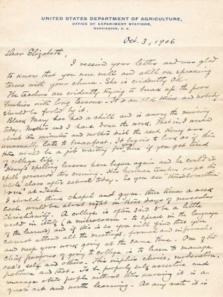 1906 &ndash; Letter full of collegiate advice from &ldquo;the father of agricultural education&rdquo; to his daughter who was beginning her studies at The Women&rsquo;s College of Baltimore, today Goucher College