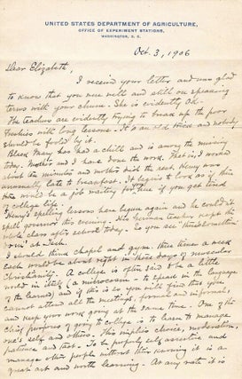 1906 – Letter full of collegiate advice from “the father of agricultural education” to his daughter who was beginning her studies at The Women’s College of Baltimore, today Goucher College