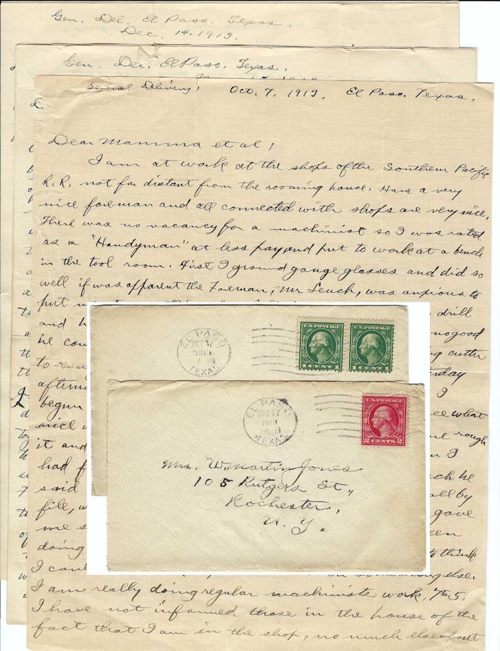Item #010773 1913 &ndash; Three exceptional letters from a Southern Pacific machinist in El Paso to his mother providing an account of the Second Battle of Juarez and the blood-thirsty violence of Pancho Villa and his army