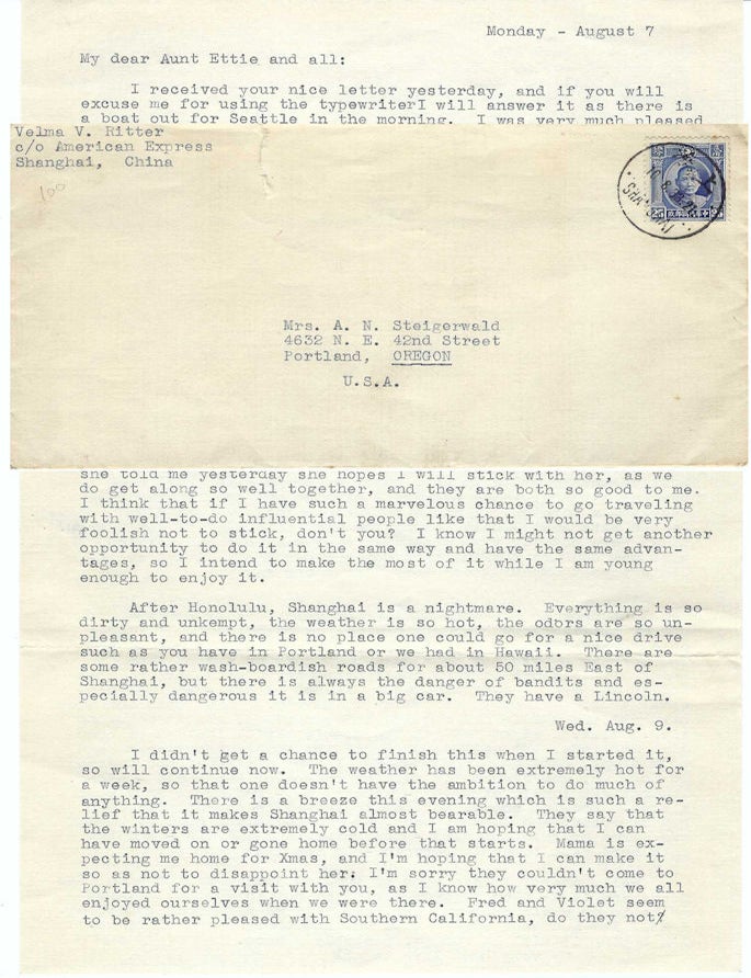 Item #010776 1933 &ndash; Letter from a 29-year-old woman living in Shanghai as a travelling companion for a wealthy older couple. Velma V. Ritter.
