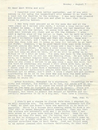 1933 &ndash; Letter from a 29-year-old woman living in Shanghai as a travelling companion for a wealthy older couple