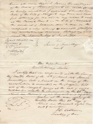 1819 &ndash; Manuscript certificate of service in the American Revolution signed by Secretary of War,...