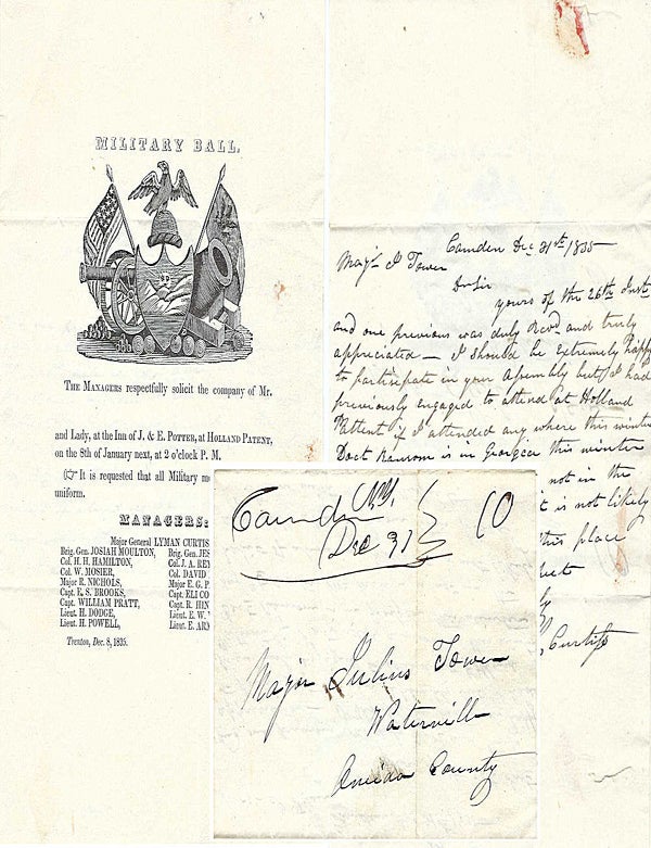 Item #010784 1835 &ndash; A letter of regret written on an impressive Military Ball invitation Major General in the New York State Militia informs a subordinate that he and several other officers would not be able to attend a militia assembly in Watertown