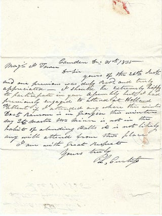 1835 &ndash; A letter of regret written on an impressive Military Ball invitation Major General in the New York State Militia informs a subordinate that he and several other officers would not be able to attend a militia assembly in Watertown