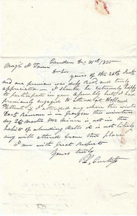 1835 – A letter of regret written on an impressive Military Ball invitation Major General in the New York State Militia informs a subordinate that he and several other officers would not be able to attend a militia assembly in Watertown