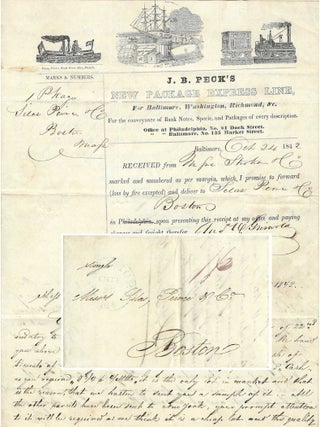 Item #010787 1842 – An illustrated J. B. Peck’s New Package Express Line shipping document...