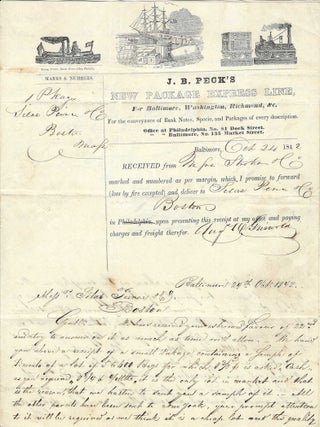 1842 &ndash; An illustrated J. B. Peck&rsquo;s New Package Express Line shipping document used in the delivery of samples of pimentos and coffee from a Baltimore importer to a Boston wholesale grocery merchant