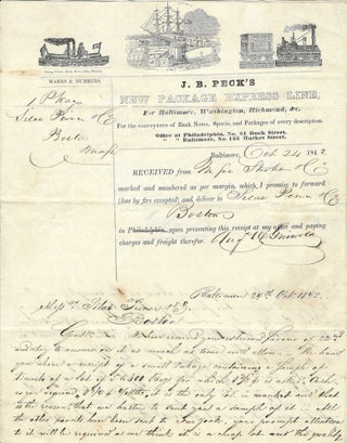 1842 – An illustrated J. B. Peck’s New Package Express Line shipping document used in the delivery of samples of pimentos and coffee from a Baltimore importer to a Boston wholesale grocery merchant