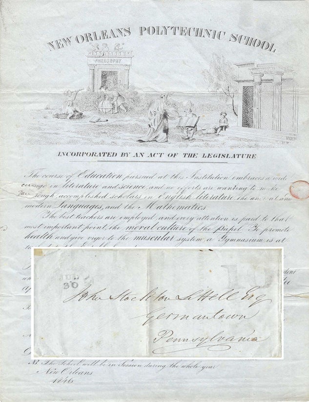 Item #010791 1846 &ndash; An elaborate illustrated broadside prospectus for the New Orleans Polytechnic School used by its proprietor to send an obsequious yet boastful stampless, folded letter to a Pennsylvania editor. D. Macaulay.