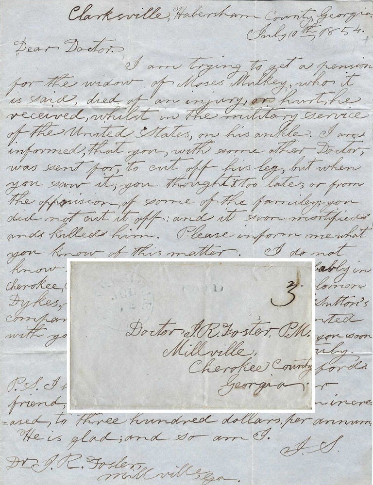Item #010797 1854 &ndash; Letter requesting assistance in acquiring a pension for the widow of a Georgia militiaman who claimed her husband died as the result of wounds while in federal military service. Jesse Sanford.
