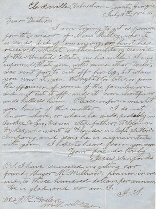 1854 &ndash; Letter requesting assistance in acquiring a pension for the widow of a Georgia militiaman who claimed her husband died as the result of wounds while in federal military service
