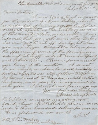 1854 – Letter requesting assistance in acquiring a pension for the widow of a Georgia militiaman who claimed her husband died as the result of wounds while in federal military service