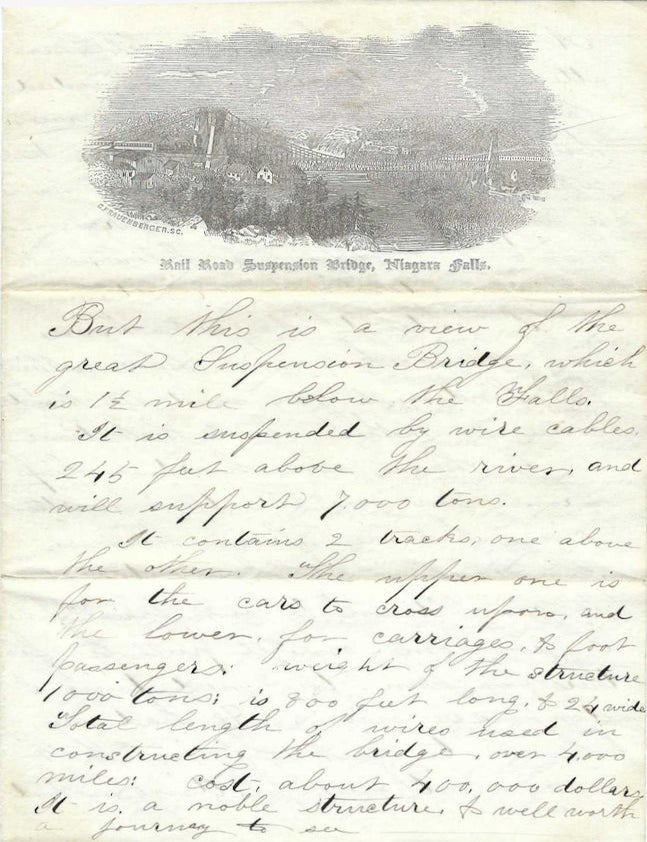 Item #010798 Circa 1855 &ndash; Illustrated lettersheet of the &ldquo;great Suspension Bridge&rdquo; at Niagara Falls with a detailed description